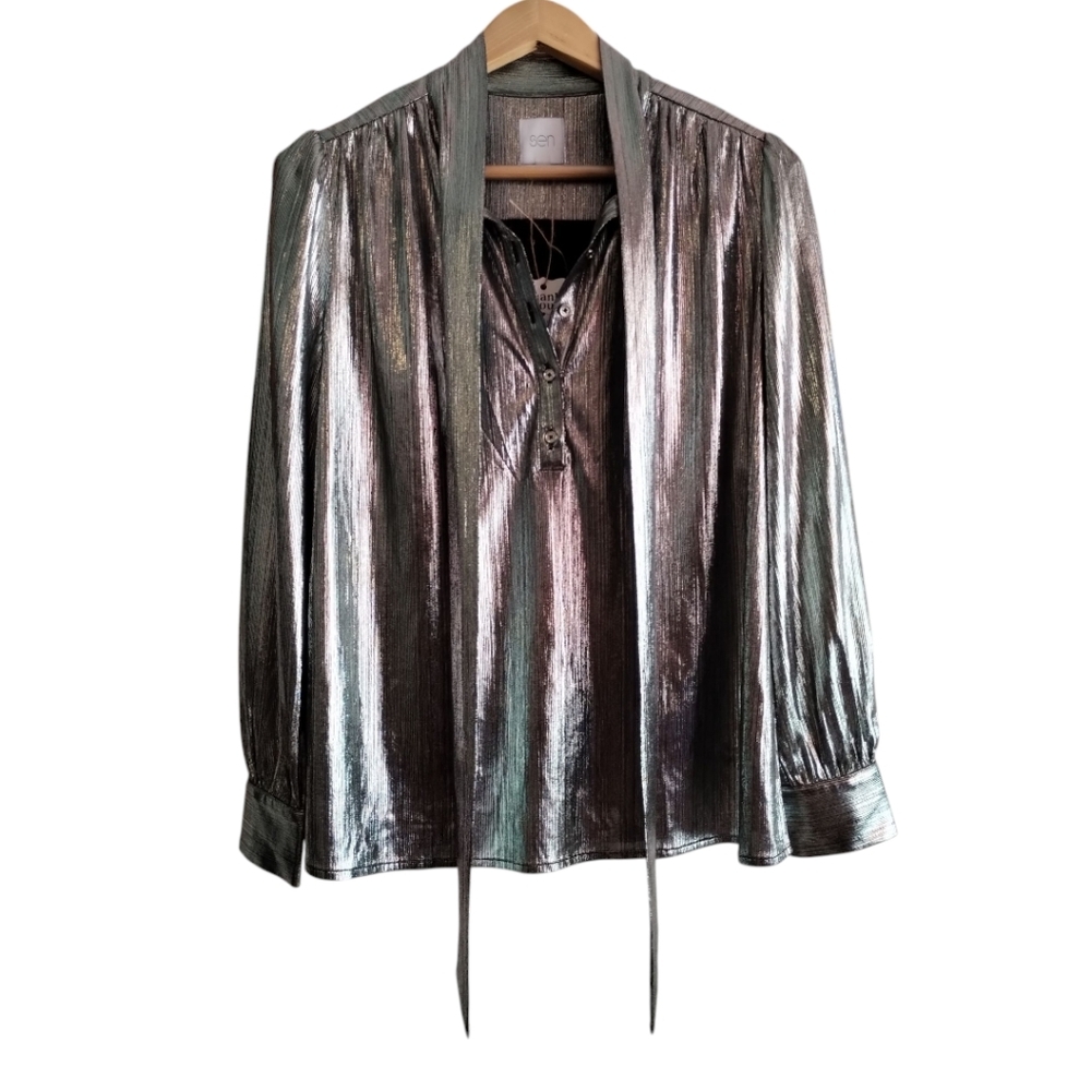 Sen Women's S Silver Metallic Long Sleeve Blouse Party Cocktail Glam